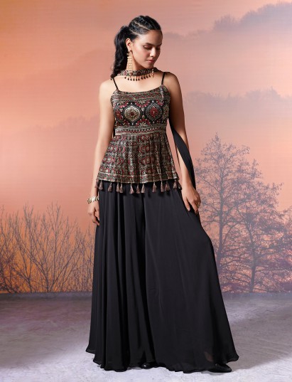 Black georgette silk printed palazzo suit with dupatta