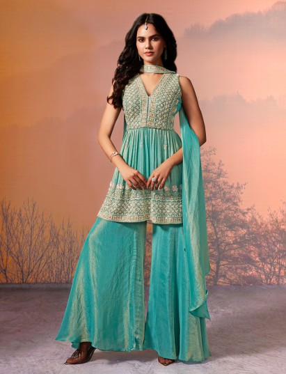 Mint blue tissue silk embellished palazzo suit