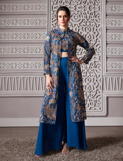 Rama blue silk jacket style palazzo suit