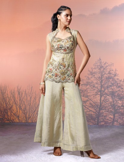 Cream tissue silk embellished designer palazzo suit