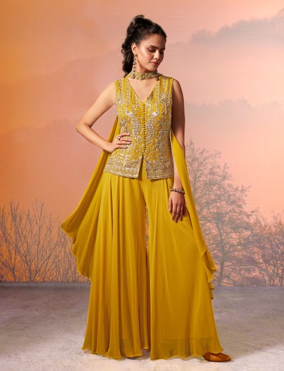 Mehendi yellow georgette embroidered palazzo suit