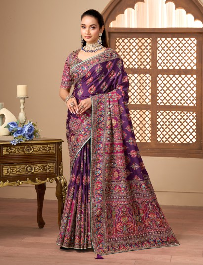 Purple printed satin silk embellished saree