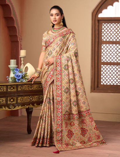 Cream printed satin silk embellished saree