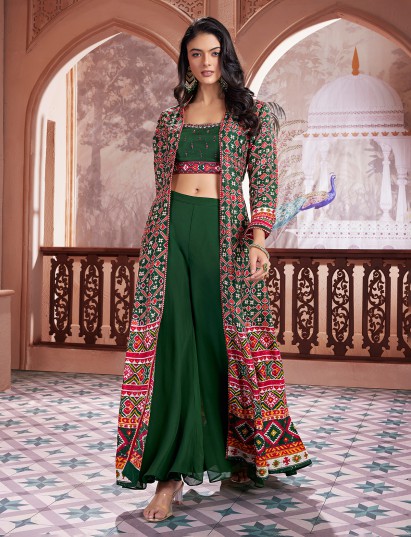 Mehendi green printed georgette jacket style palazzo suit