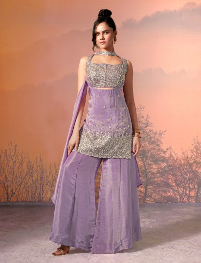 Lilac purple tissue silk designer palazzo suit