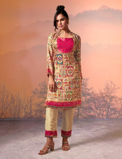 Cream and pink motif silk designer salwar suit