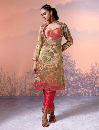 Cream and red motif silk festive salwar suit