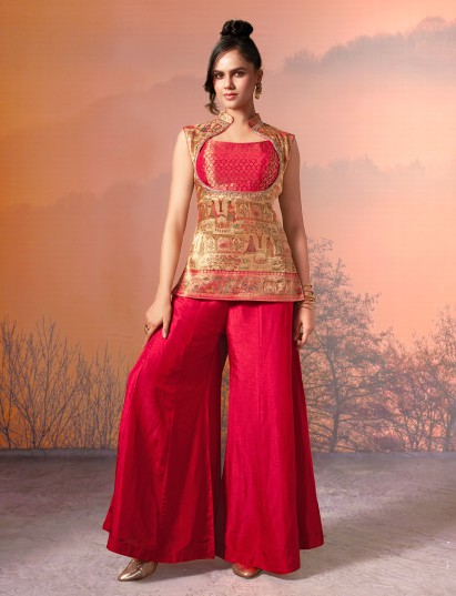 Cream and magenta motif silk palazzo suit