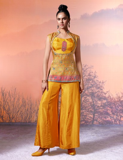 Mustard yellow motif silk festive palazzo suit