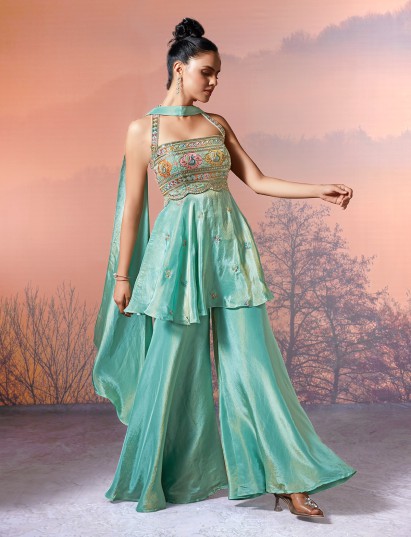 Mint green tissue silk square neck palazzo suit