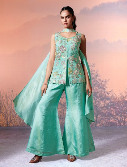 Mint green tissue silk sweetheart neck palazzo suit