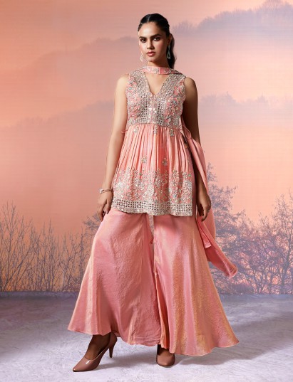 Peach tissue silk embroidered work palazzo suit