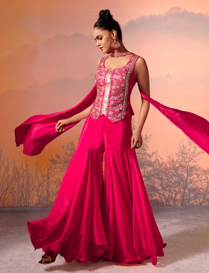 Magenta satin crepe silk embellished palazzo suit