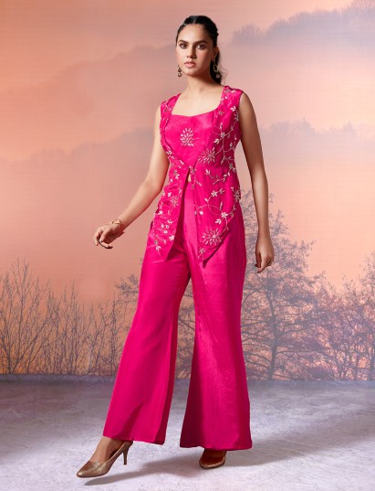 Magenta satin crepe jacket style palazzo suit