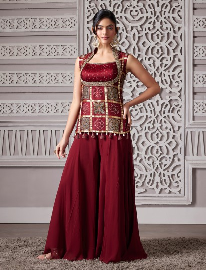 Maroon georgette cowrie shells embellished palazzo suit