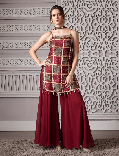 Maroon georgette printed square neck palazzo suit