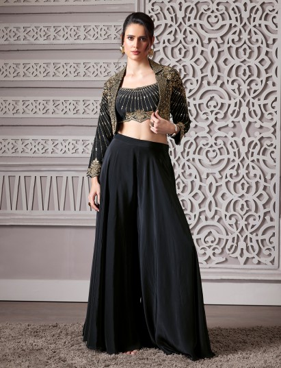 Black satin crepe jacket style palazzo suit