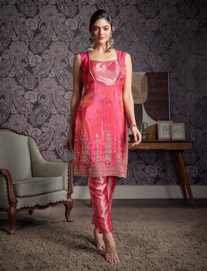 Rani pink tissue silk square neck salwar suit