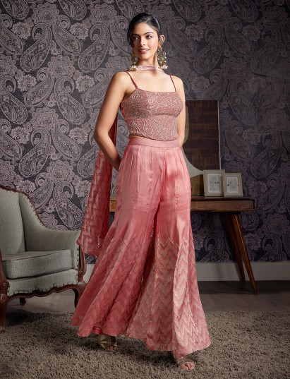 Onion pink tissue silk designer palazzo suit