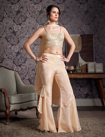 Cream tissue silk aabla work palazzo suit