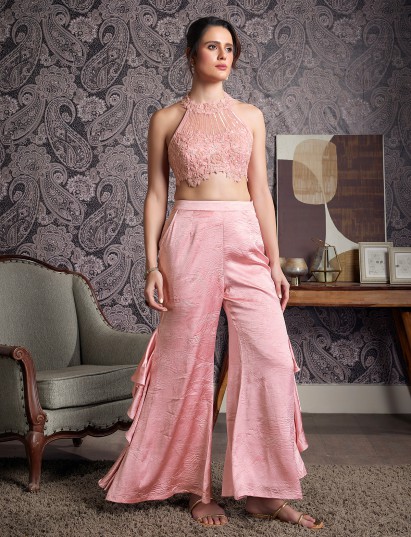 Pink silk halter neck palazzo suit