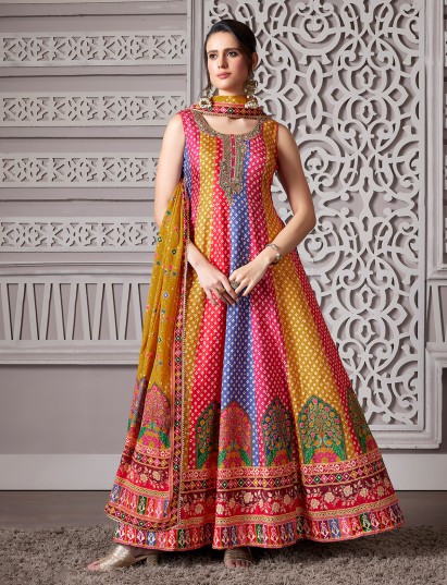 Multicolor bandhej printed anarkali suit