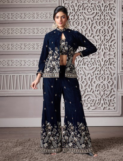 Blue velvet jacket style palazzo suit