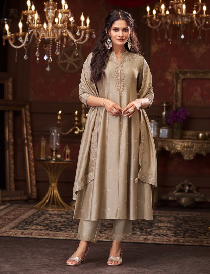 Beige silk embellished stand collar kurti set
