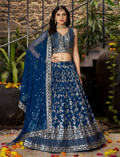 Dove blue unstitched lehenga choli festive wear