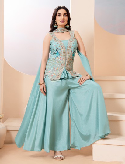 Mint blue embellished silk palazzo suit