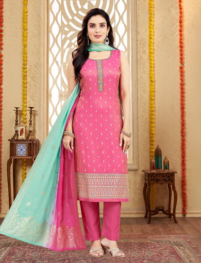 Pink contrast dupatta embellished silk salwar suit