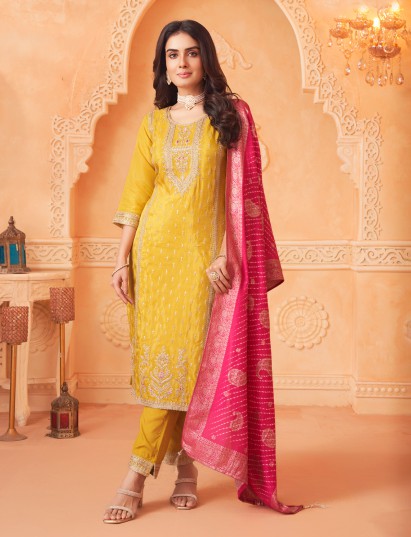 Mustard yellow diamond work pakistani silk salwar suit