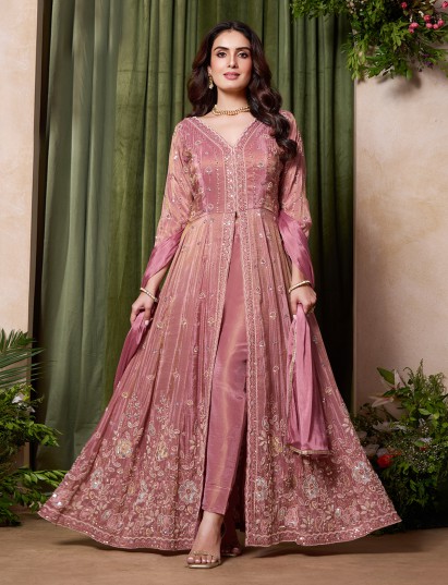 Pastel pink tissue silk anarkali wedding wear suit