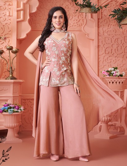Light pink designer silk palazzo suit