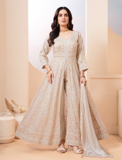 Beige pakistani anarkali tissue silk suit