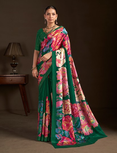 Pastel green printed ready to wear silk crepe saree