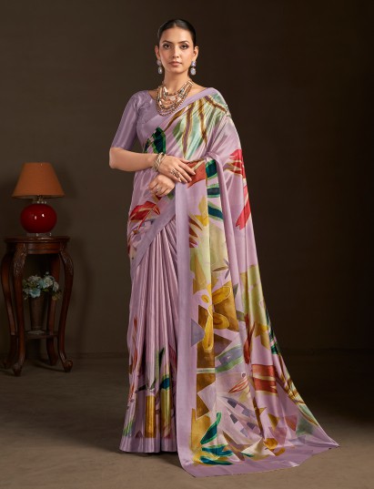 Pastel lavender ready to wear silk crepe saree