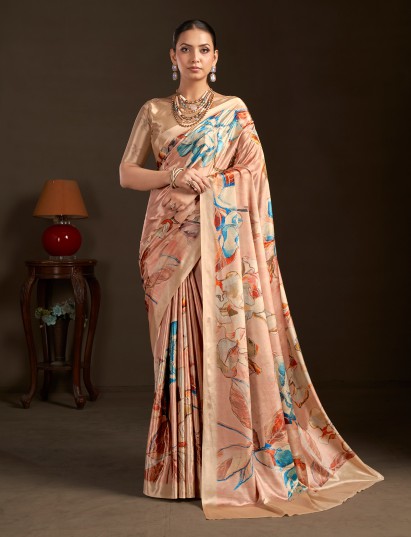 Light peach ready to wear silk crepe saree for women