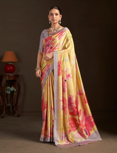 Pastel yellow ready to wear silk crepe saree for party wear