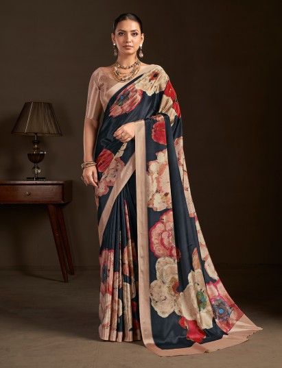 Pastel black ready to wear silk crepe saree for festive
