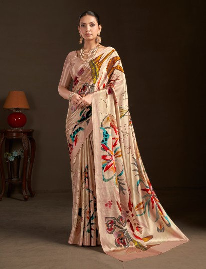 Pastel cream ready to wear silk crepe saree
