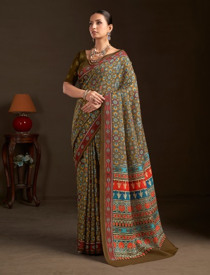 Mehndi green ready to wear silk crepe saree