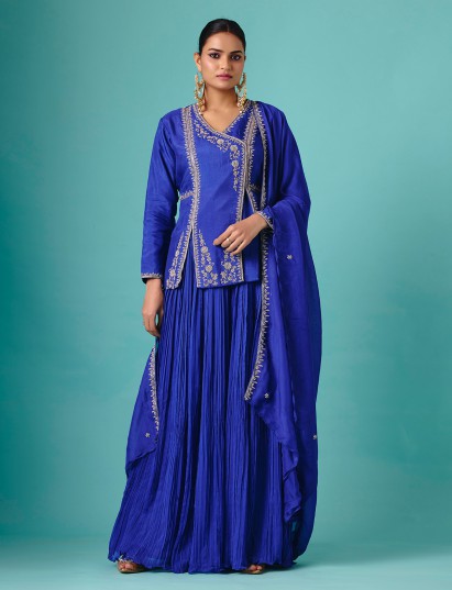 Navy blue cotton silk v neck palazzo suit for wedding wear