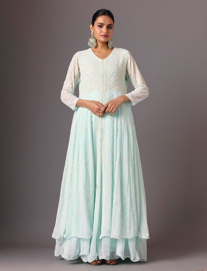 Light blue georgette v neck anarkali suit for festive wear