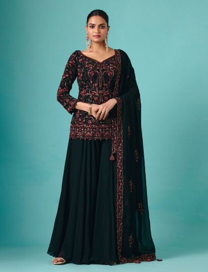 Black georgette v neck quarter sleeve palazzo suit