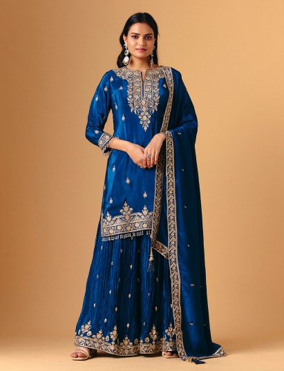 Blue silk quarter sleeve palazzo suit for reception wear