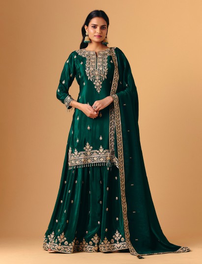 Green silk quarter sleeve palazzo suit for special occasions