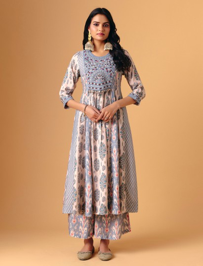 Sky blue cotton silk round neck palazzo suit for women