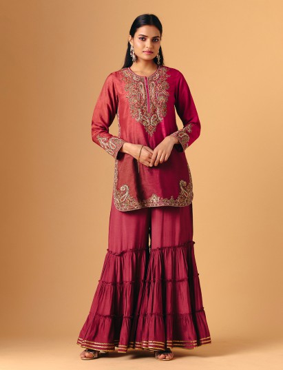 Maroon cotton silk quarter sleeve sharara suit