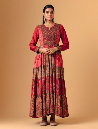 Red silk quarter sleeve anarkali for festive wear